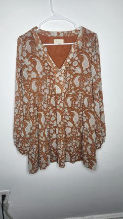 Melloday Blouse Womens Medium Rust Brown Paisley Boho V Neck Long Sleeve Flowy
