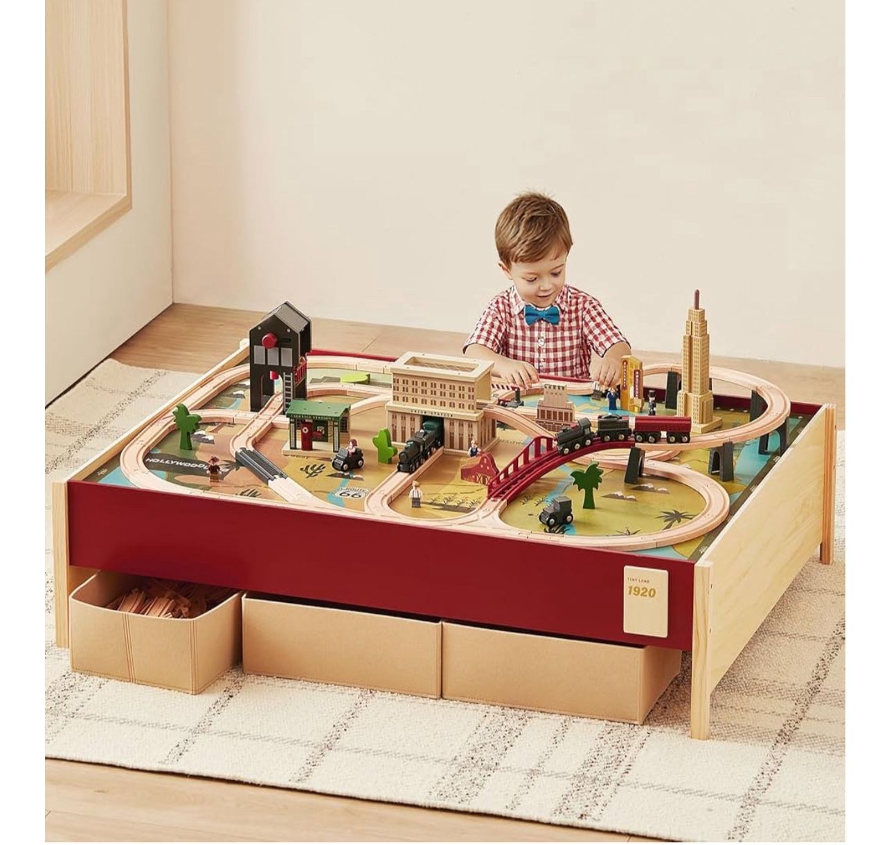 Brand New In The Box- Tiny Land Large Wooden Train Table (47.9”x35.2”), 100PCS Train Set, 3 Storage Bins, Activity Playset for Kids Ages 3+