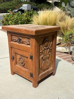Hand-Carved Sunflower Wooden Nightstand (in Oak?)