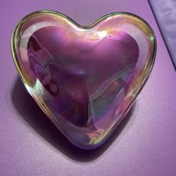 Heart-Shaped Iridescent Glass Paperweight Signed & Dated 