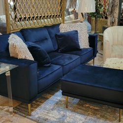 Mid-Century Modern Velvet Blue Navy Sofa (Couch)