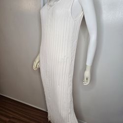 VTG Flore Elegant White Sleeveless Maxi Slip Dress Pleated Fringe 