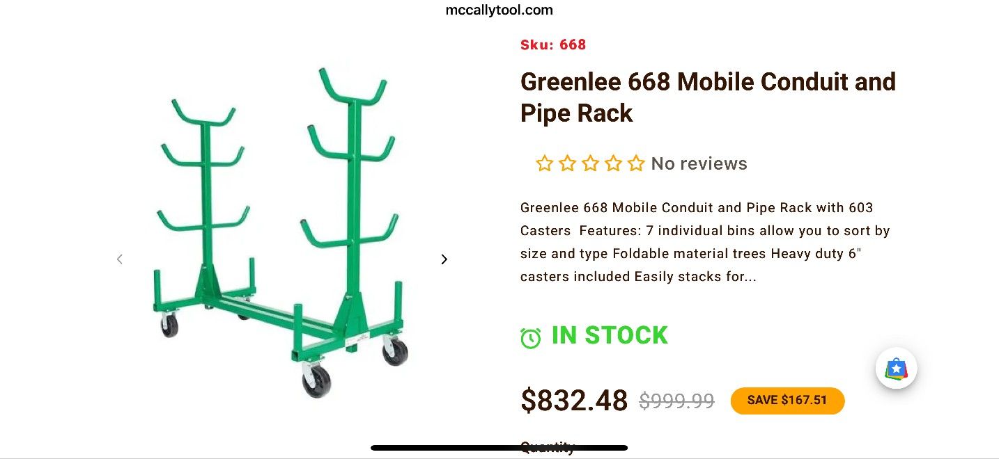 Master Bundle Rack Greenlee Rack Greenlee 668 Mobile Conduit/Pipe Rack — 7 Bins — 1,000 lb — New Open ...