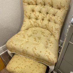 Vintage/Shabby Chic Yellow & White Chair+Foot Stool
