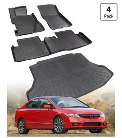 Floor Mats for Honda Civic: 2006-2011 (4 Dr Sedan) All Weather Rubber Car Accessories, TPE Black Full Coverage Cargo Liner & Carpets Front Rear Custom