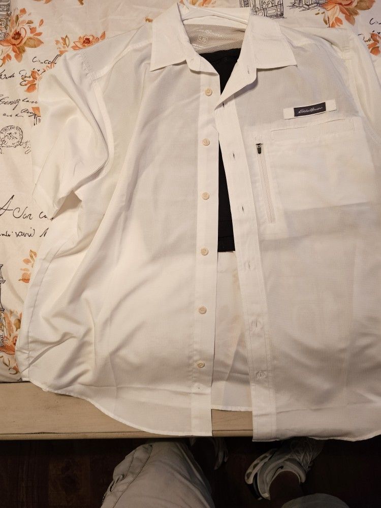 Eddie Bauer Tech Woven Shirt Size Large Color Is White Plus Iron Co Hybrid Tech Woven Cargo Shorts Size 36 Color Is Black Like New Condition