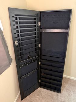 Wall Lockable Jewelry Organizer Mirror Black Wood