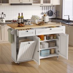 60.2"W Kitchen Island with Two Large Storage Cabinets And Drawers, Locking Wheels