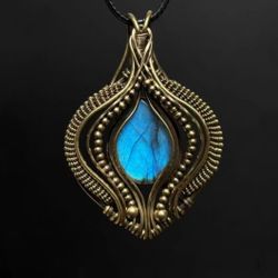 Spot “Copper Lan Bi Shadow” Original Teardrop-Shaped Labradorite Wire-Wound Pendant Brass Old Oriental Elegance Handmade Models