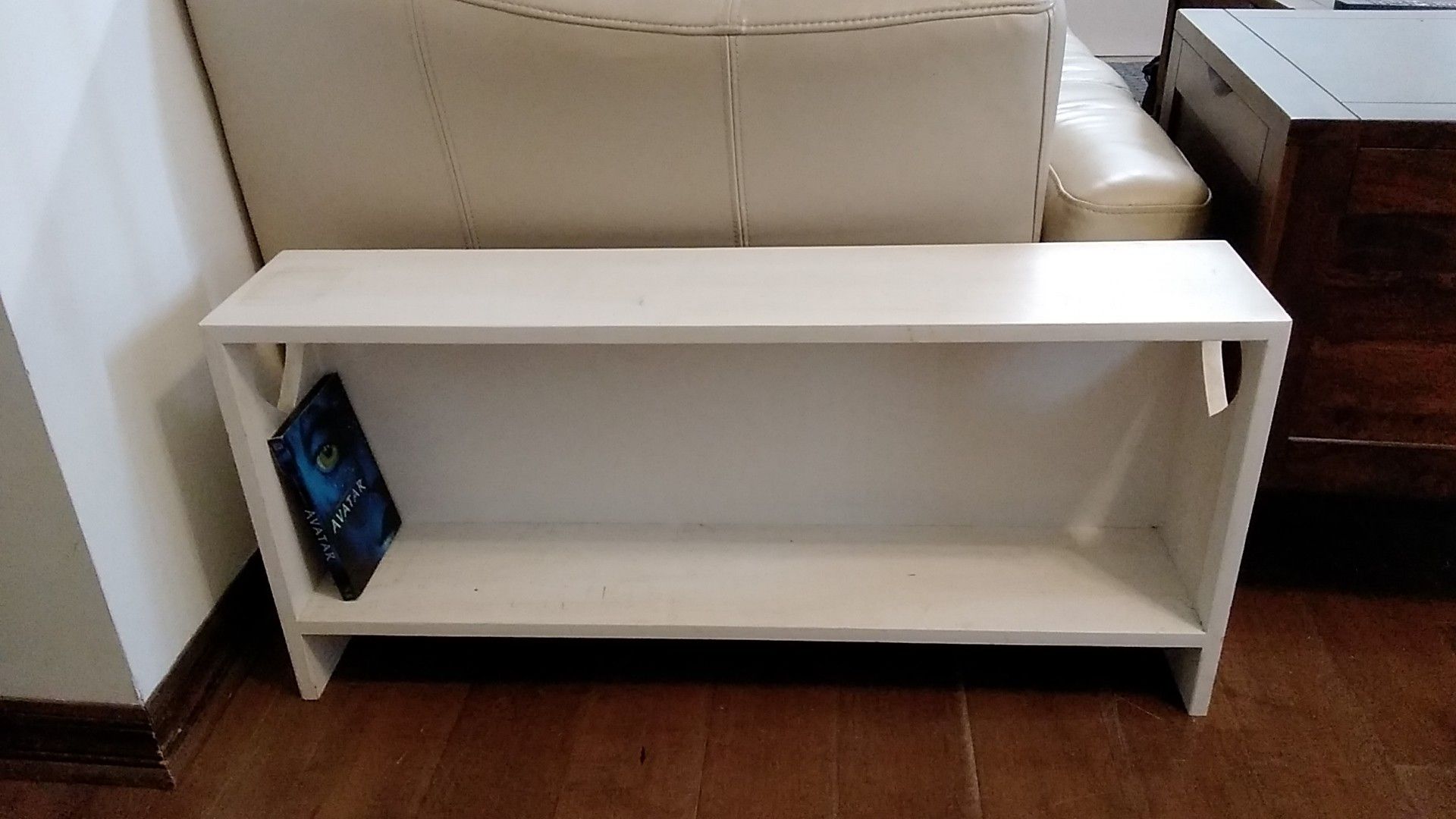 Small white solid wood bookshelf or DVD shelf