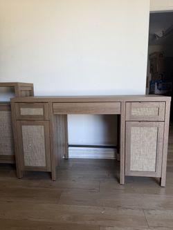 52" Large Farmhouse Boho Makeup Vanity Dressing Table with 3 Drawers & 2 Storage Cabinets, Vanities Desk for Makeup Room,Bedroom, Home Office, Oak