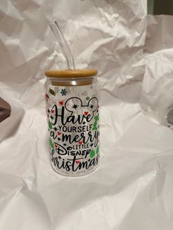 Disney Christmas Glass Can Cup with Bamboo Lid and Straw