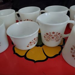 Vtg "Summer Impressions" PYREX Milk Glass 7 Cup and Sugar and Creamer Set