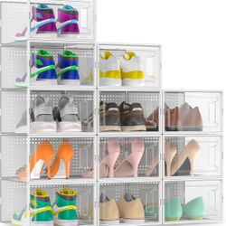 Secret Space 12 Pack X Large Shoe Organizer Storage Boxes for Closet, Modular Space Saving Shoe Boxes Clear Plastic Stackable Sneaker Containers Displ