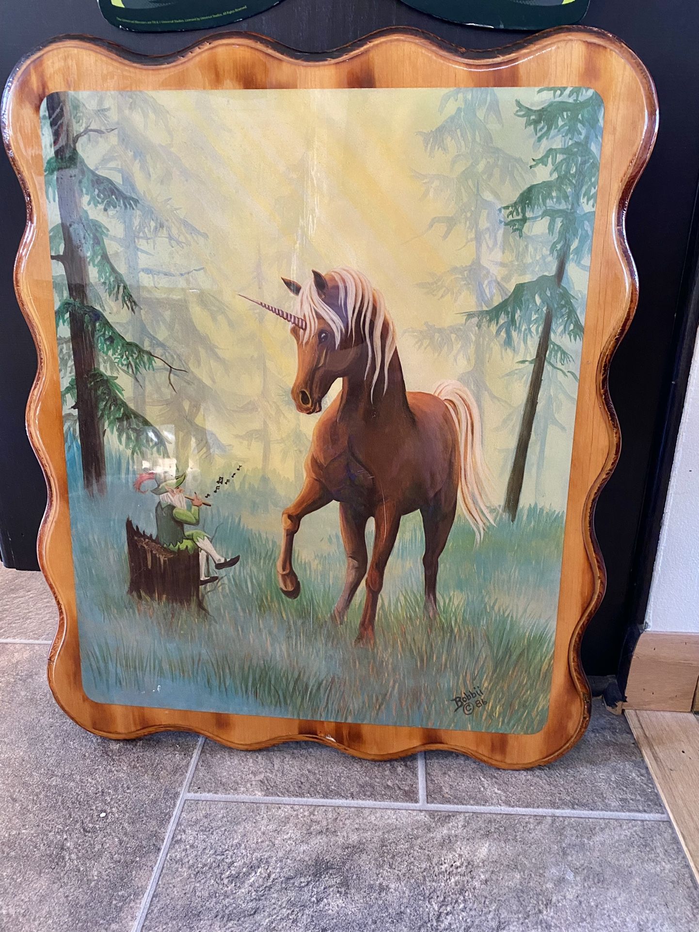 vintage 80s unicorn wood art plaque fantasy dnd