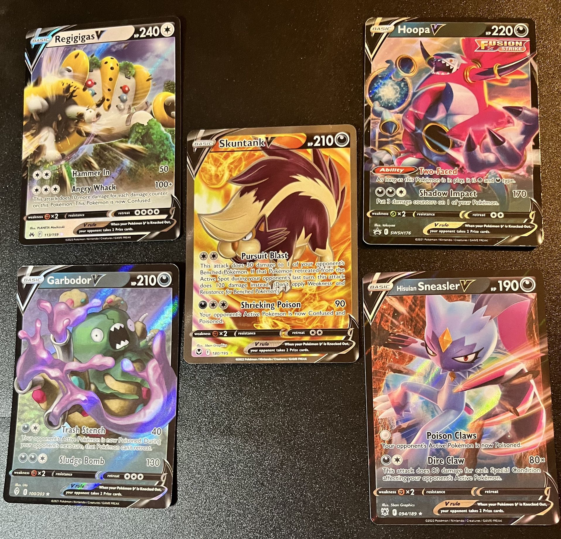 5 Pokemon TCG Hoopa V Garbodor V Hisuian Sneasler V Skuntank V Regigigas V