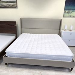 BRAND NEW 
King Bed Frame with Wingback Headboard, Upholstered Platform Bed with Modern Geometric Headboard, Wooden Slats,Beige Noise-Free, No Box Spr
