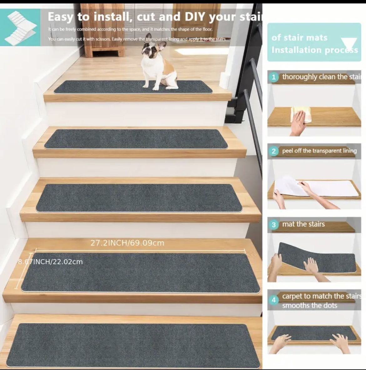 New In Box 8pcs Dark Gray Stair Mats,Non Slip,Stair Runners For Wooden Steps,Self-adhesive And Washable Floor Mats,Suitable For Stair,Home,Indoor Deco