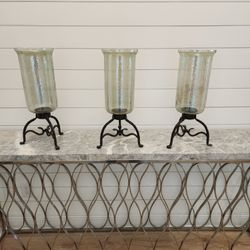Set of 3 Large Hammered Glass & Wrought-Iron Hurricane Candle Holders