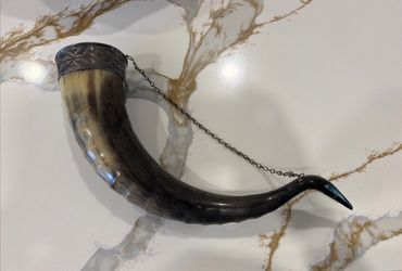 Vintage Drinking Horn With Chain & Engraved Fittings