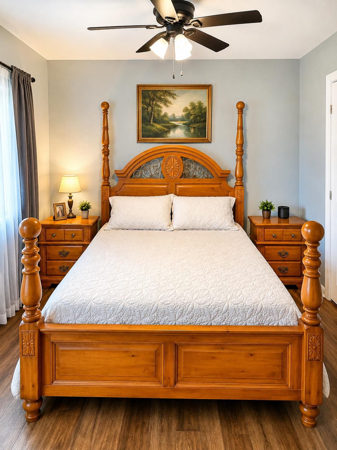 Queen bed with mattress and table