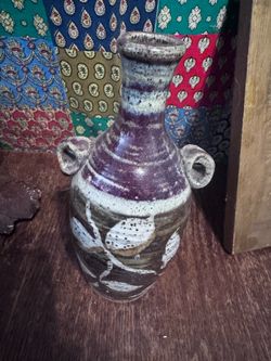Studio Pottery Bud Vase with Handles and Leaf Motif, Glazed Stoneware