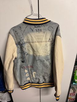 Denim and Leather Varsity Bomber Jacket