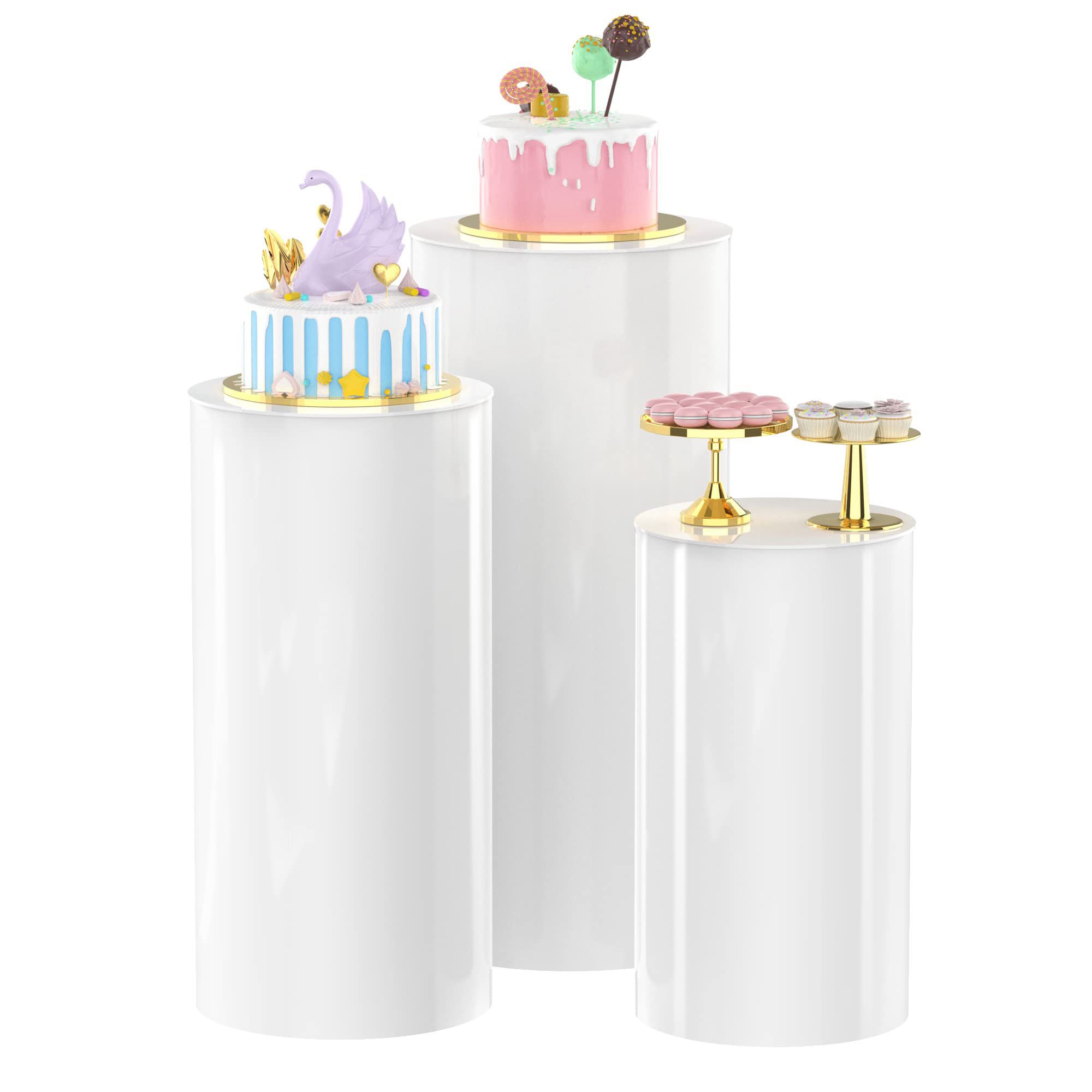 Cylinder Pedestal Stands 3Pcs White Round Cylinder Pedestal Display Plinth Pillars For Wedding Party Decor 35.4''(L),29.5''(M),23.6''(S) Cylinder-3Pcs