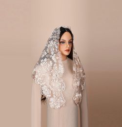 Triangular Spanish Catholic Veil: Peony-Embroidered Lace Veil for Mass