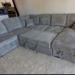 ✅️✅️4 pc Grey  corduroy fabric sectional sofa with storage chaise and love seat and pop up sleep area in center USB charging✅️✅️