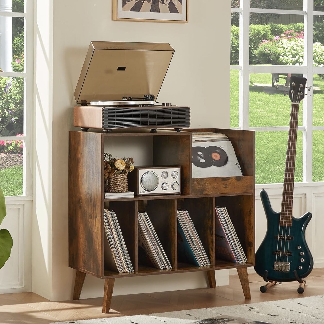 Large Record Player Stand with Storage, Brown