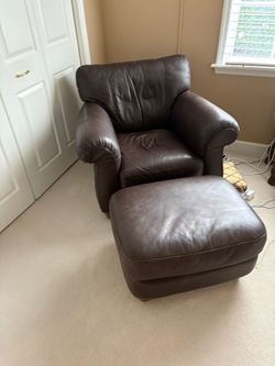 Dark Brown Leather Armchair with Ottoman