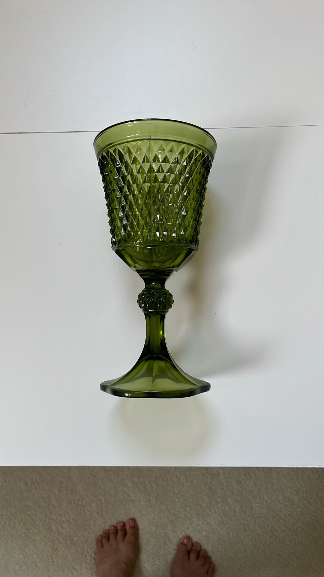 Vintage Indiana Glass Green Diamond Point Compote , Candy Dish , Vase 10.5in Tall