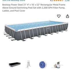 Bestway Power Steel 31' 4" × 16' × 52" Rectangular Metal Frame Above Ground Swimming Pool Set with 2