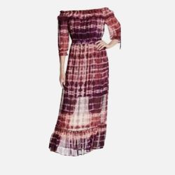 Brand New Woman’s Jessica Simpson Everglow Red Tie Dye Dahlia Off The Shoulder Maxi Dress up for sale