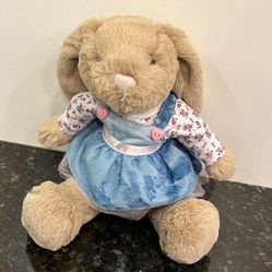 12” Manhattan Toy Company Tan Bunny Rabbit Plush Blue Dress with Pink Flower Top