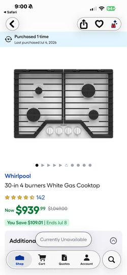NEW. WHIRLPOOL GAS 30”4 BURNER COOKTOP WITH A FACTORY WARRANTY. 7/4/26