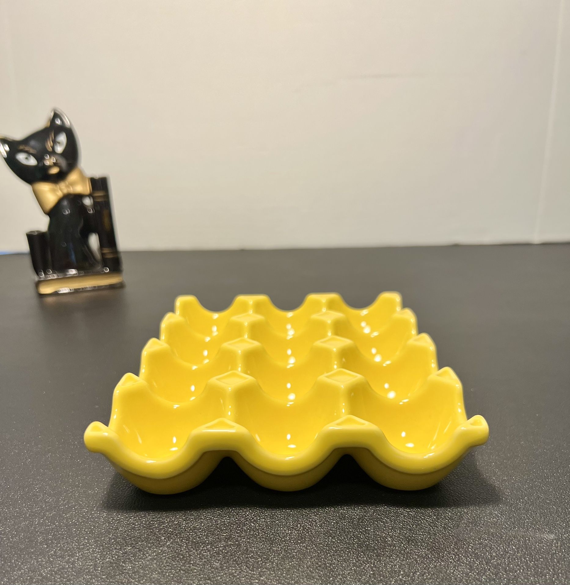 Food Network USA 2010s Yellow Stoneware Ceramic Egg Tray, 7.5x5.5”