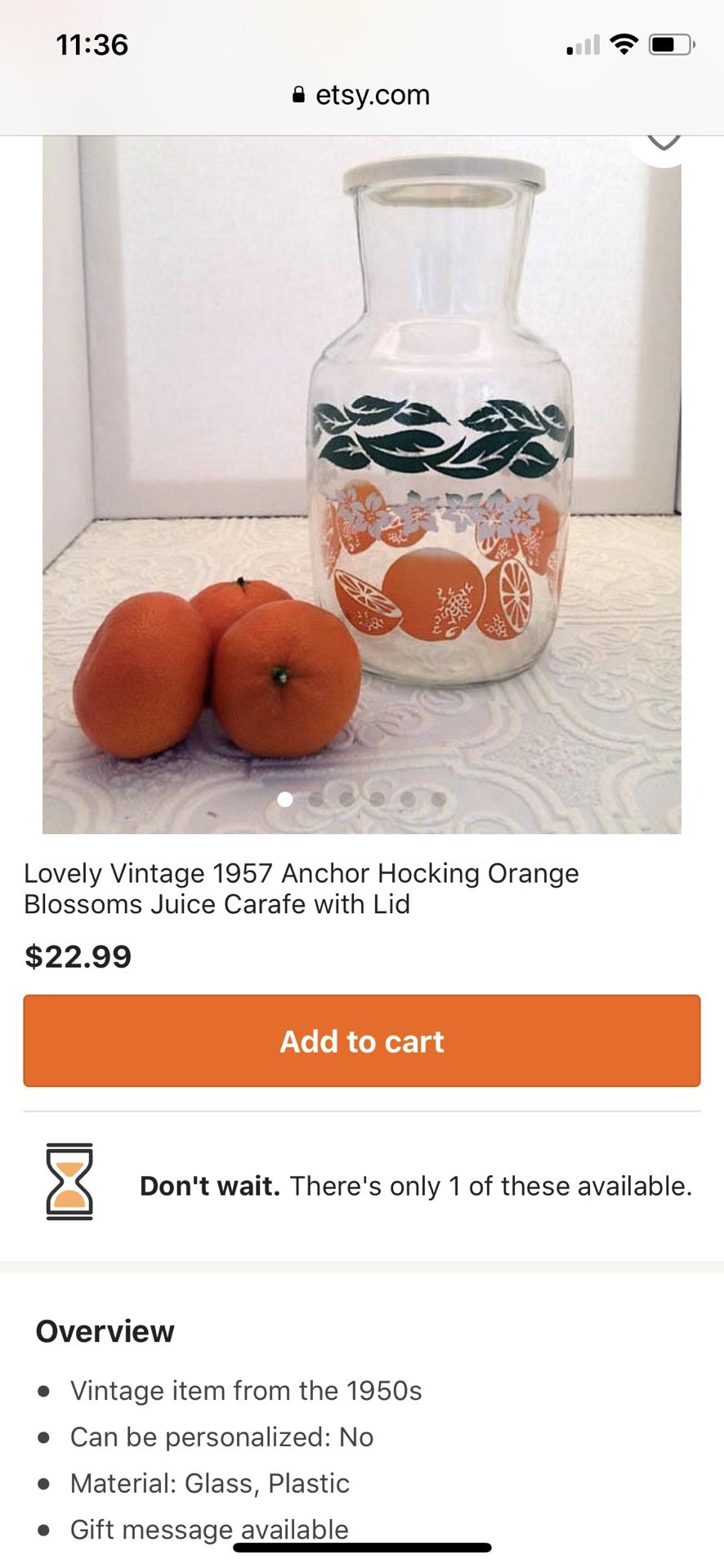 Orange Juice Carafe with Lid, Anchor Hocking, 1950s