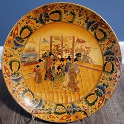 12" Satsuma Ceramic Plate Platter Geisha And Satsuma Pottery Chinese Moriage Raised Enamel And Gilt Hand Painted Wacai Verte
 With Easel. Heavy!!!