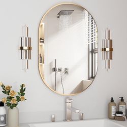 20”x30” Gold Oval Metal Frame Bathroom Pill Mirror Capsule Wall Mounted Vanity Mirror