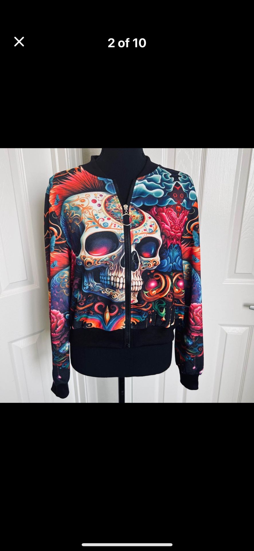 π New! Skull, Roses & Butterflies Bright Colored Crop Halloween Zipper Front Jacket Size Medium