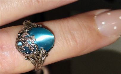 STUNNING STERLING SILVER & BLUE CATS EYE RING~SIZE 7~925 STAMP