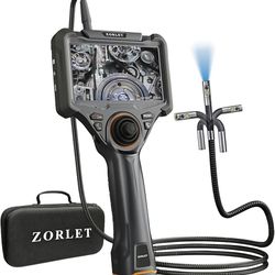 Dual Lens 360° Articulating Borescope with Light, 5'' HD Monitor 4-Way Joystick Inspection Camera, 0.25in Slim Probe 5.0FT Semi-Rigid Snake Industrial
