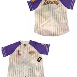 Los Angeles Lakers White Baseball Jersey Mens Medium Pin Stripe Embroidered Logo