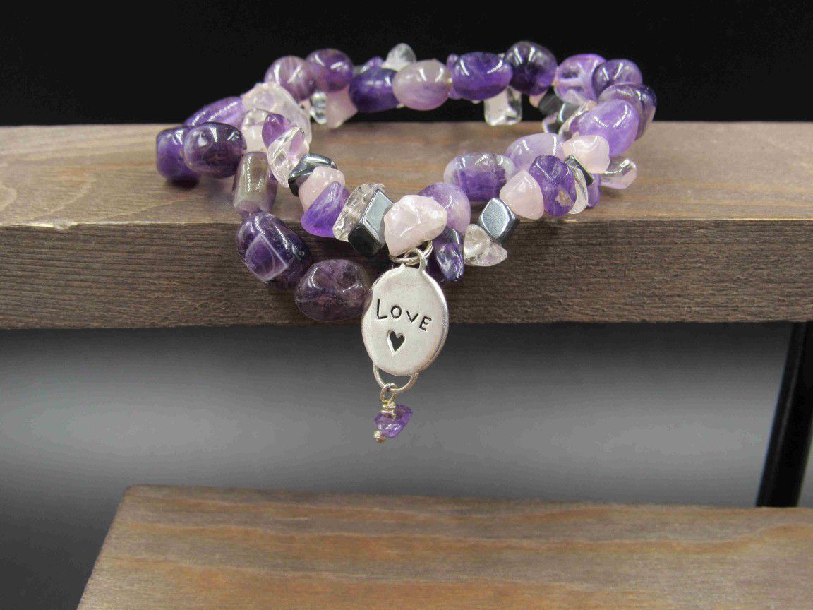 7 Inch Sterling Silver Rustic Love Charm Amethyst Expandable Bracelet