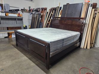 King Dark Wood Panel Bed Frame with Mattress
