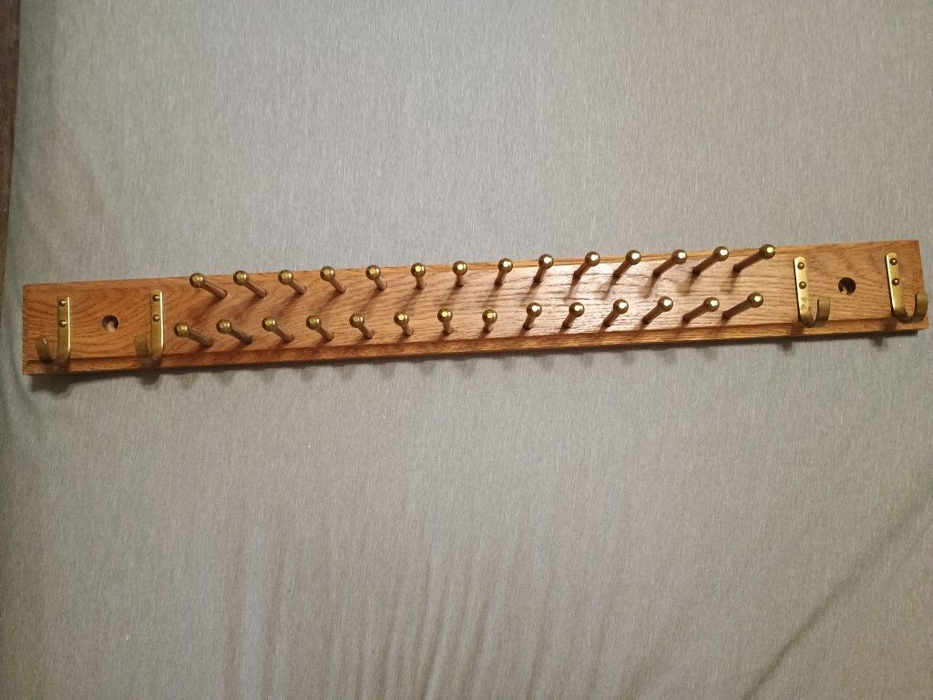Tie Rack Holder 20" Solid Oak Wood & Brass