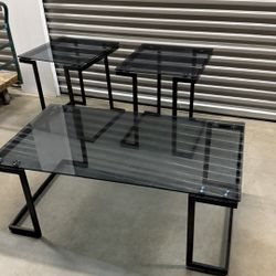 3 Piece Glass Coffee Table Set Black Metal Frame Modern Living Room