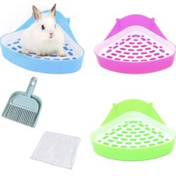 3 pcs Triangle Rabbit Litter Tray, Guinea Pig Training Corner Small Animal Toilet Potty Chinchilla Potty Box with Mini Broom & Dustpan, Disposable Cag